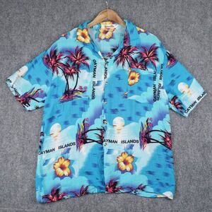 Shoreline Cayman Islands Hawaiian Shirt Mens Large Blue Tropical Rayon Floral L